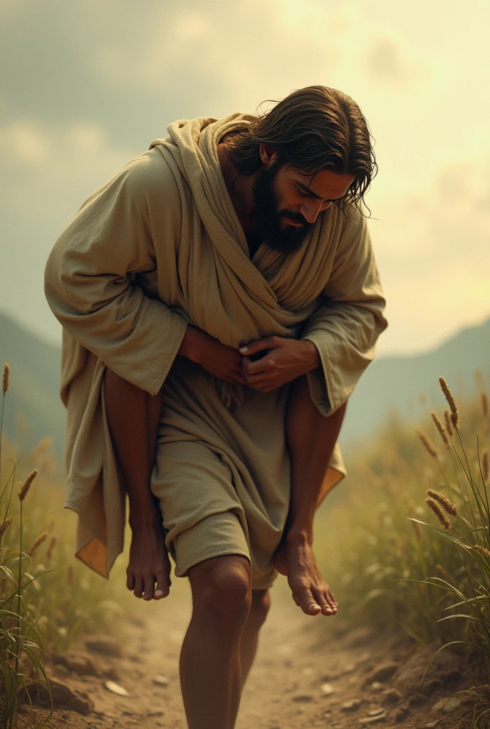 A person walking with Jesus on his back