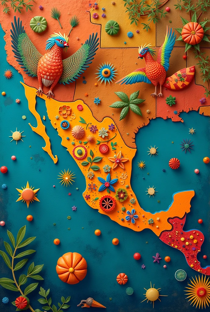 Make me a map of Mexico with its typical foods and alebrijes on top of the map 