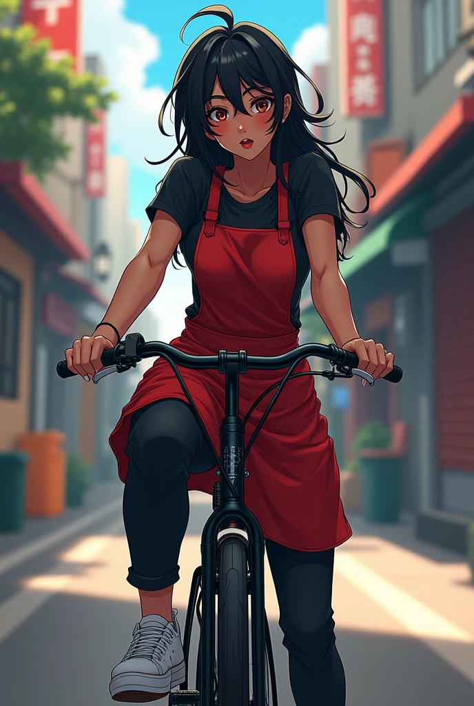 "An anime style girl, about 20 years old, with dark skin and a somewhat robust complexion, having masculine features. Her hair is long, Black and messy, with brown pupils and noticeable dark circles. He wears a black shirt, a red apron, black pants and white tennis shoes. On a black bicycle posing for a photo street background."