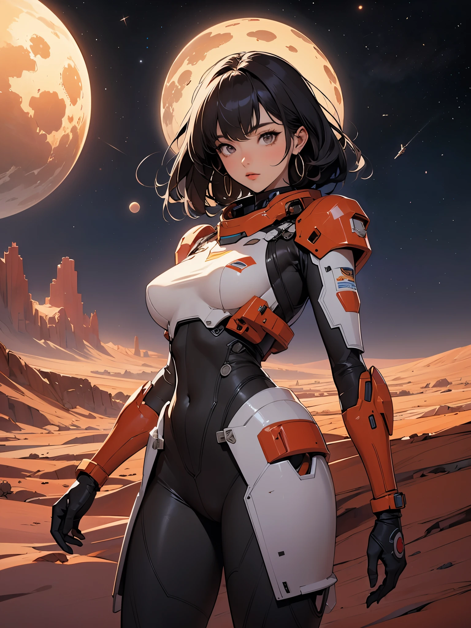 (work of art, best qualityer, ultra detali:1.3), mechgirl. The mars rover opportunity reimagined as an attractive anime woman, in mars, desert, dust. solar panels. "hybrid human-rover" mechgirl