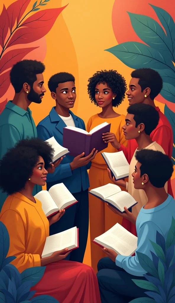 colorful illustration of white and black people talking with open books in their hands 