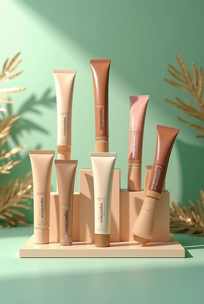 test concealer makeup with 16 different shades on your skin, for a brand called walancy with a water green and gold background