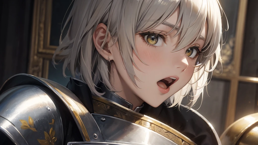 oil painting look, Jeanne d'Arc, yellow short hair, silver armour, face closeup, shout aloud with open mouth