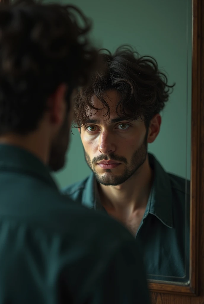 home se olhando no espelho, brown hair, messy hair, empty eyes, sad, facial hair, atmospheric perspective, Realism, UHD