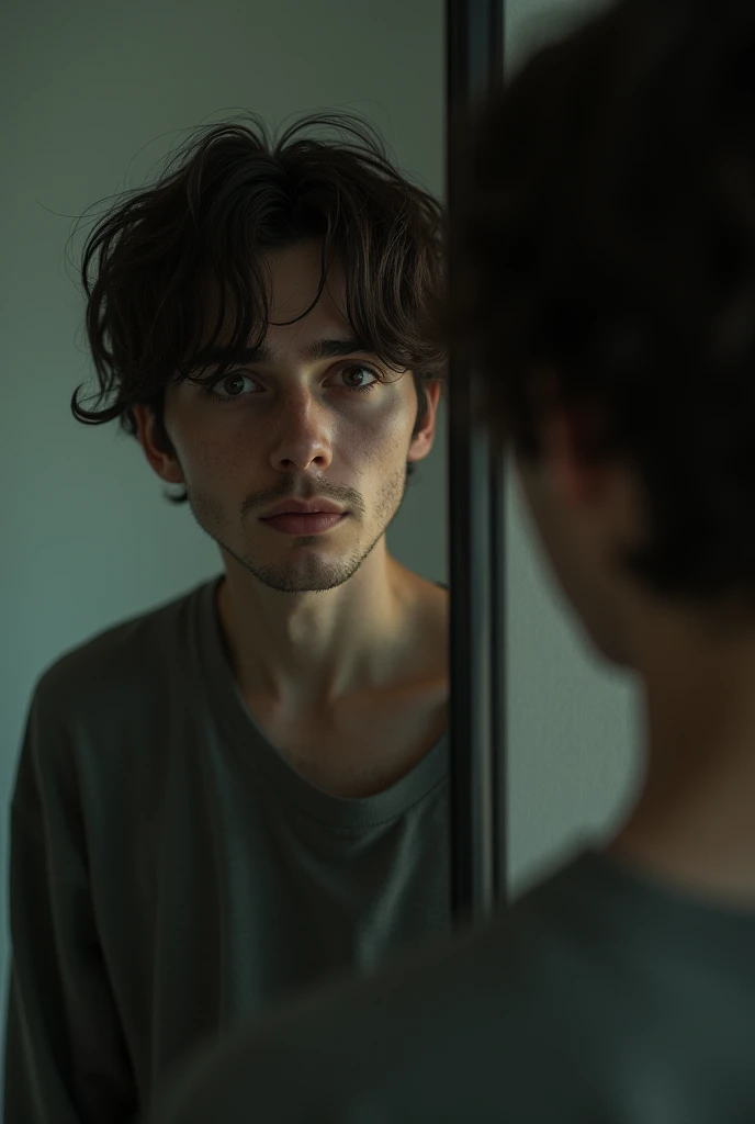 home se olhando no espelho, brown hair, messy hair, empty eyes, sad, facial hair, atmospheric perspective, Realism, UHD