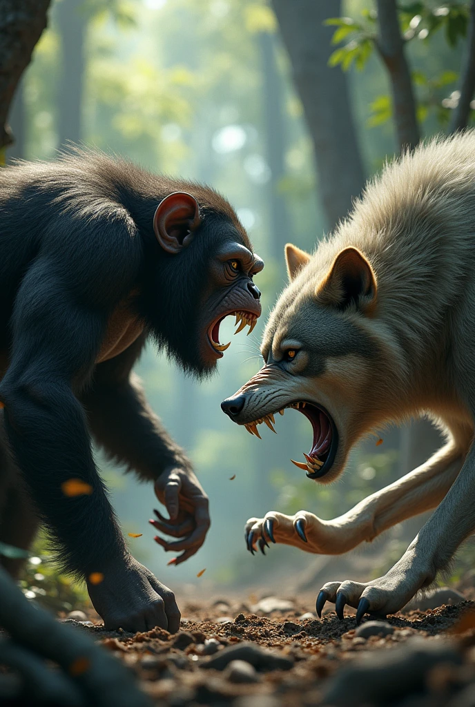 create a realistic image of a furry, aggressive chimpanzee attacking an equally aggressive gray wolf