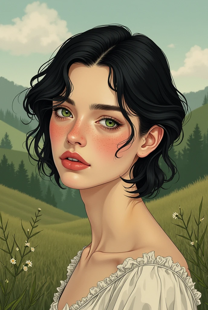 Generate images of an effeminate man with black hair, green eyes and freckles, at the time of Anne with an E with drawing style