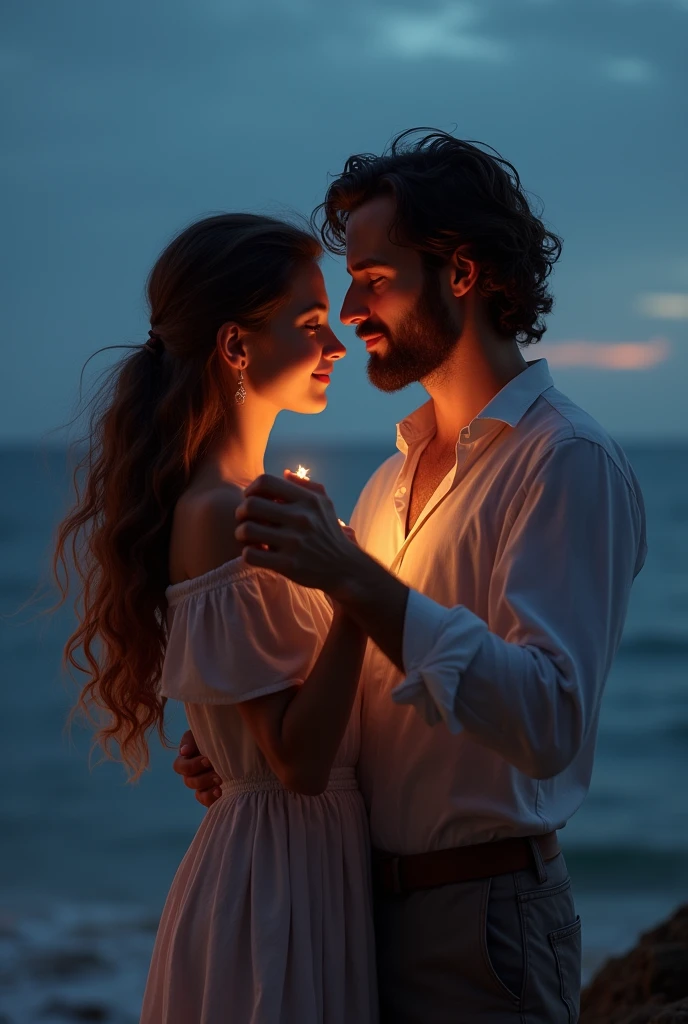 A girl and boy having dance both wearing black dressing boy having beard and girl having brown hair location near sea in night both a bit healthy and girl having good healthy long hairs
