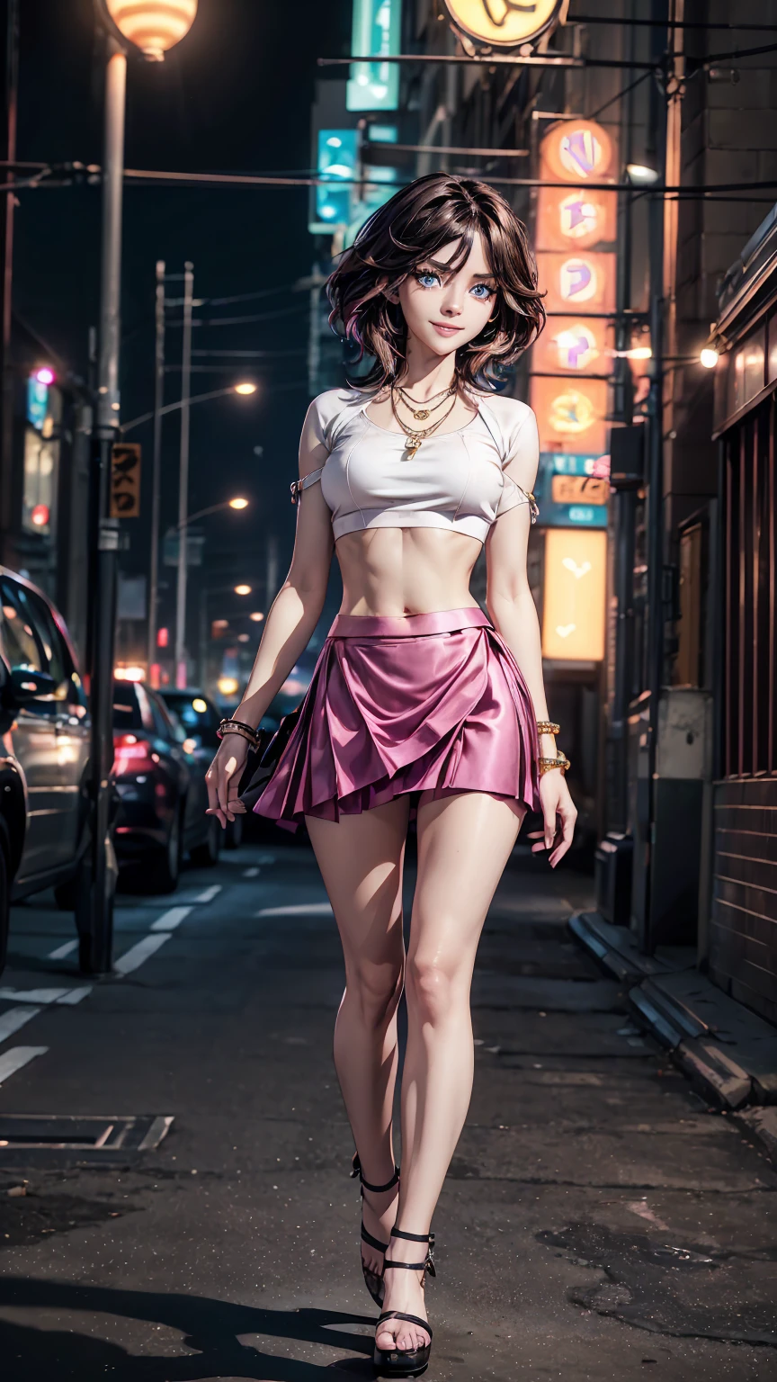 8k, masterpiece, RAW photo, best quality, photorealistic, extremely detailed CG unity 8k wallpaper, Depth of field, Cinematic Light, Lens Flare, Ray tracing, (extremely beautiful face, beautiful lips, beautiful eyes), intricate detail face, ((ultra detailed skin)) 1girl, in the dark, deep shadow, pretty Indian girl, kpop idol, 1 girl, (very slim slender fit-muscled body:1.3), ((looking at viewer)),(big smile:1.3), (fashion city night, dark night, (neon sign), (blurred background), fashion street night),(without people in the background:1.3), beautiful earrings, bracelets, necklace, pantyhose, clear eyes, walking, (pale skin), (big eyes), face forward, (brown hairs), (full body shot), ((silk hot pink color Skirt And Crop top:1.3)), ((tight fitting )), ((laced )), (looking at viewer:1.3) open breast, very slim, medium breasts, turning back, (back shot), ass focus, brow front,(tight dress), thick thighs