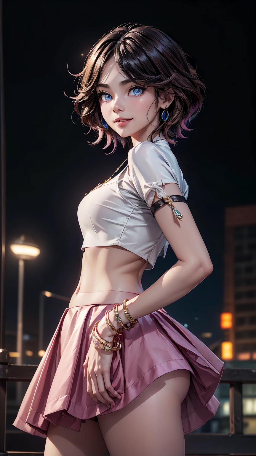 8k, masterpiece, RAW photo, best quality, photorealistic, extremely detailed CG unity 8k wallpaper, Depth of field, Cinematic Light, Lens Flare, Ray tracing, (extremely beautiful face, beautiful lips, beautiful eyes), intricate detail face, ((ultra detailed skin)) 1girl, in the dark, deep shadow, pretty Indian girl, kpop idol, 1 girl, (very slim slender fit-muscled body:1.3), ((looking at viewer)),(big smile:1.3), (fashion city night, dark night, (neon sign), (blurred background), fashion street night),(without people in the background:1.3), beautiful earrings, bracelets, necklace, pantyhose, clear eyes, walking, (pale skin), (big eyes), face forward, (brown hairs), (full body shot), ((silk hot pink color Skirt And Crop top:1.3)), ((tight fitting )), ((laced )), (looking at viewer:1.3) open breast, very slim, medium breasts, turning back, (back shot), ass focus, brow front,(tight dress), thick thighs
