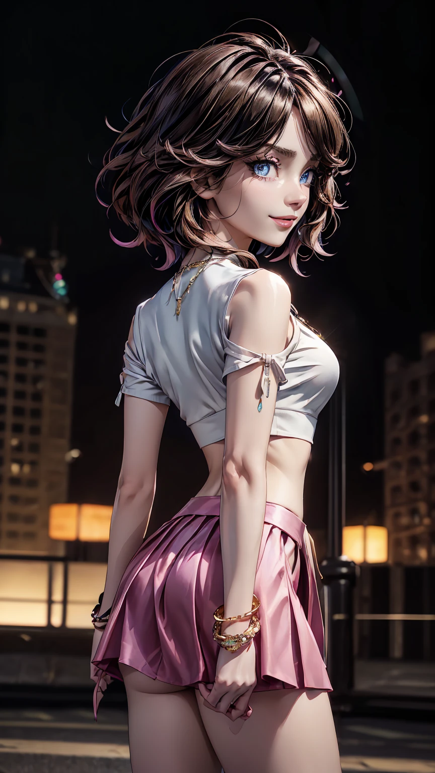 8k, masterpiece, RAW photo, best quality, photorealistic, extremely detailed CG unity 8k wallpaper, Depth of field, Cinematic Light, Lens Flare, Ray tracing, (extremely beautiful face, beautiful lips, beautiful eyes), intricate detail face, ((ultra detailed skin)) 1girl, in the dark, deep shadow, pretty Indian girl, kpop idol, 1 girl, (very slim slender fit-muscled body:1.3), ((looking at viewer)),(big smile:1.3), (fashion city night, dark night, (neon sign), (blurred background), fashion street night),(without people in the background:1.3), beautiful earrings, bracelets, necklace, pantyhose, clear eyes, walking, (pale skin), (big eyes), face forward, (brown hairs), (full body shot), ((silk hot pink color Skirt And Crop top:1.3)), ((tight fitting )), ((laced )), (looking at viewer:1.3) open breast, very slim, medium breasts, turning back, (back shot), ass focus, brow front,(tight dress), thick thighs