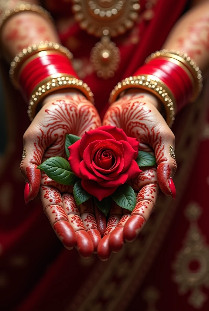 Hands filled with bridal henna, red bangles. and floral bangles of red roses
