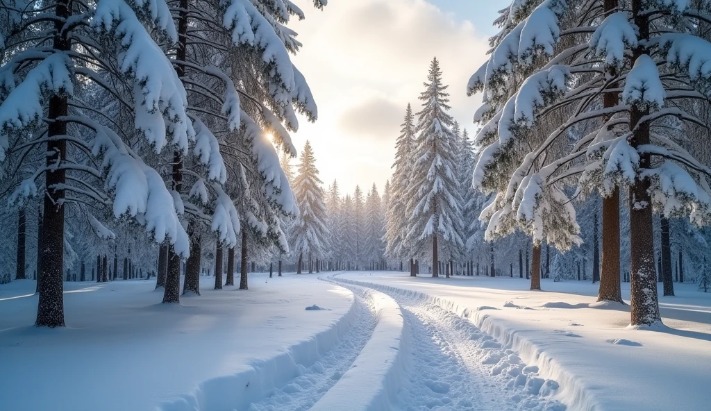 A quiet forest covered in a thick layer of fresh snow. The tall pine trees, with robust and leafy branches, are completely covered in snow, that accumulates at the tips and slides smoothly down their trunks. The snow on the ground is soft and virgin, interrupted only by occasional animal tracks. Sunlight filters through the branches of the trees, creating a soft golden glow that illuminates the winter landscape. Heaven, partly cloudy, reflects a light grey tone that complements the serene and peaceful atmosphere of the forest. The scene conveys a sense of calm and tranquility., with the snow covering everything in its path, creating an immaculate and silent masterpiece environment, Best Quality, High resolution 1024X432 [21 : 9]