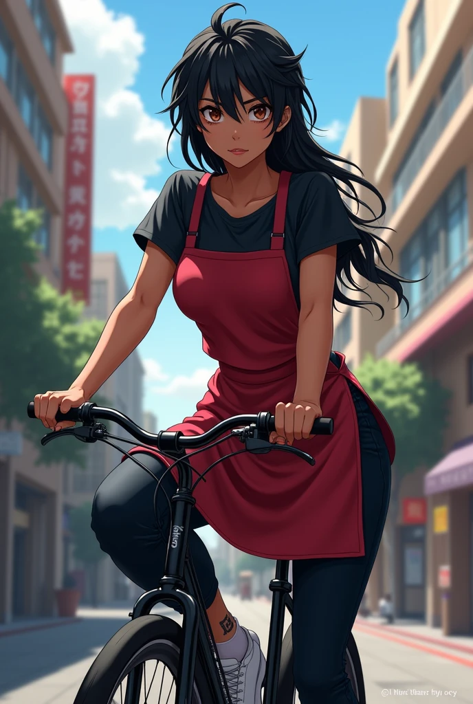 "An anime style girl, about 20 years old, with dark skin and a somewhat robust complexion, having masculine features. Her hair is long, Black and messy, with brown pupils and noticeable dark circles. He wears a black shirt, a red apron, black pants and white tennis shoes. On a black bicycle posing for a photo street background."