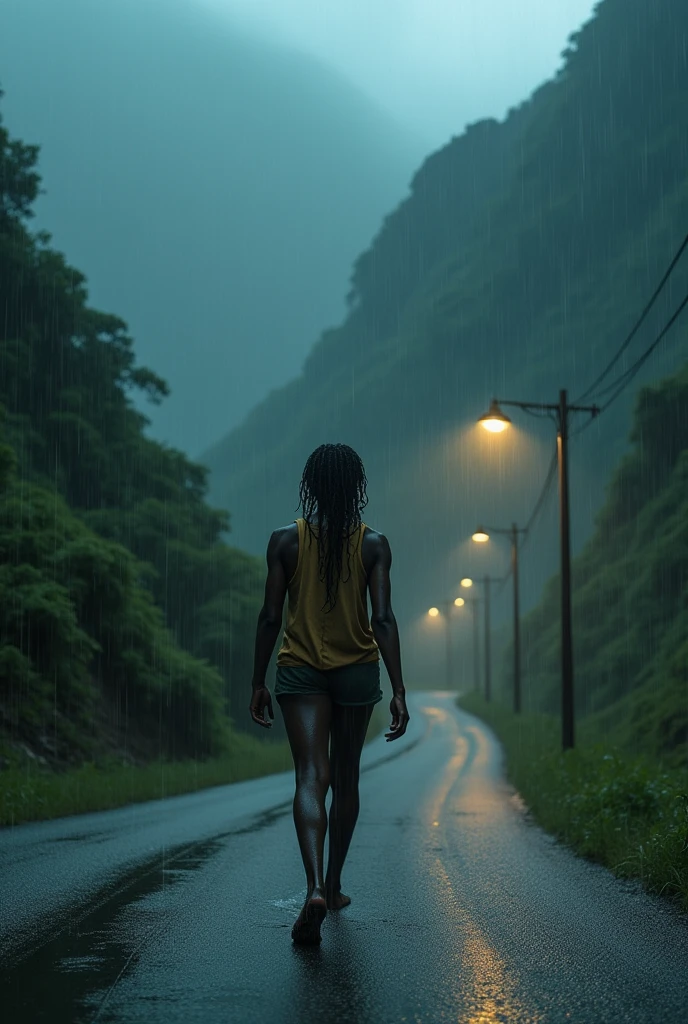 Jamaican mountain, heavy rain, lightpoles, one women walking down the road. More rain effects. No buildings,midnight, Jamaican BLACK WOMAN IN A MOUNTAIN SIDE.woman farther away