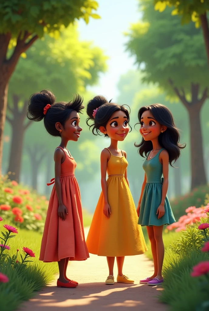 three adult women together pixar style in a park