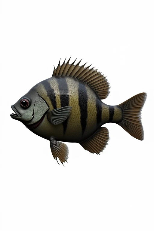 A realistic bluegill with a dark gray-brown color and 7 to 10 dark horizontal bands on its side.、Background is white