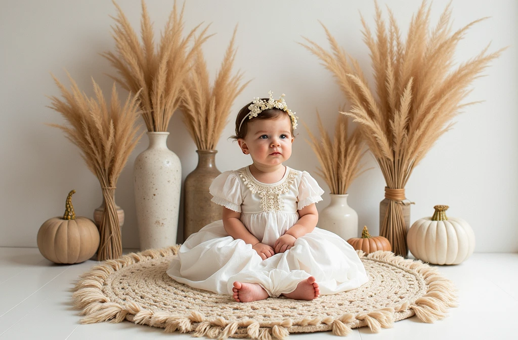 there is a baby sitting on a rug in front of a bunch of dried plants, a portrait inspired by Laura Theresa Alma-Tadema, shutterstock contest winner, baroque, lovely bohemian princess, in a white boho style studio, rustic, photo taken with nikon d 7 5 0, photo taken with nikon d750, magical mood, ekaterina