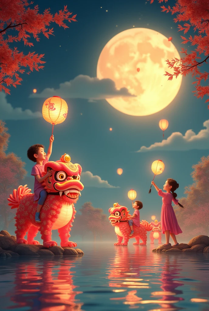 A picture of a mid-autumn night, with a bright moon, children playing lantern parade and lion dance under the moonlight, lanterns are realized: children holding black stars flying up to the sky, carp lanterns swimming happily under the lake, children riding lions, riding moon cakes