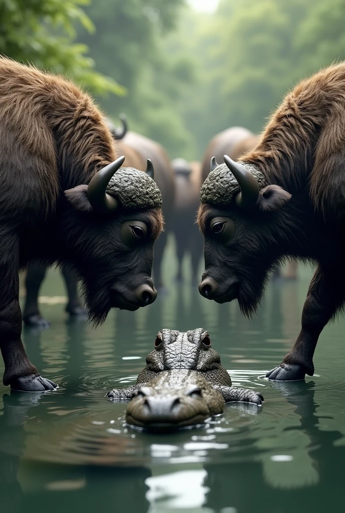 Buffaloes in 3d drawing, looking at the alligator