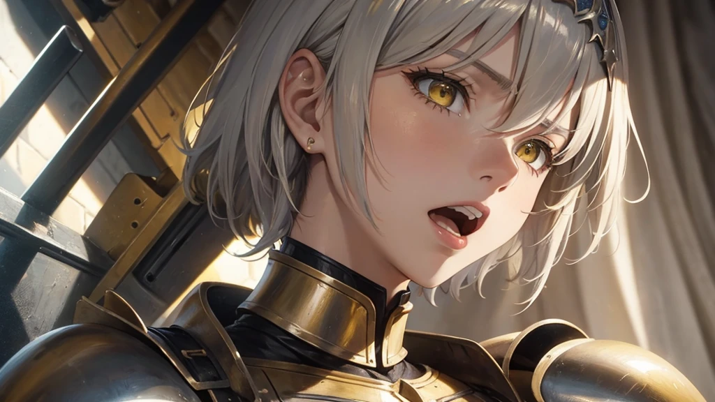 oil painting look, Jeanne d'Arc, yellow short hair, silver armour, face closeup, shout aloud with open mouth, angry