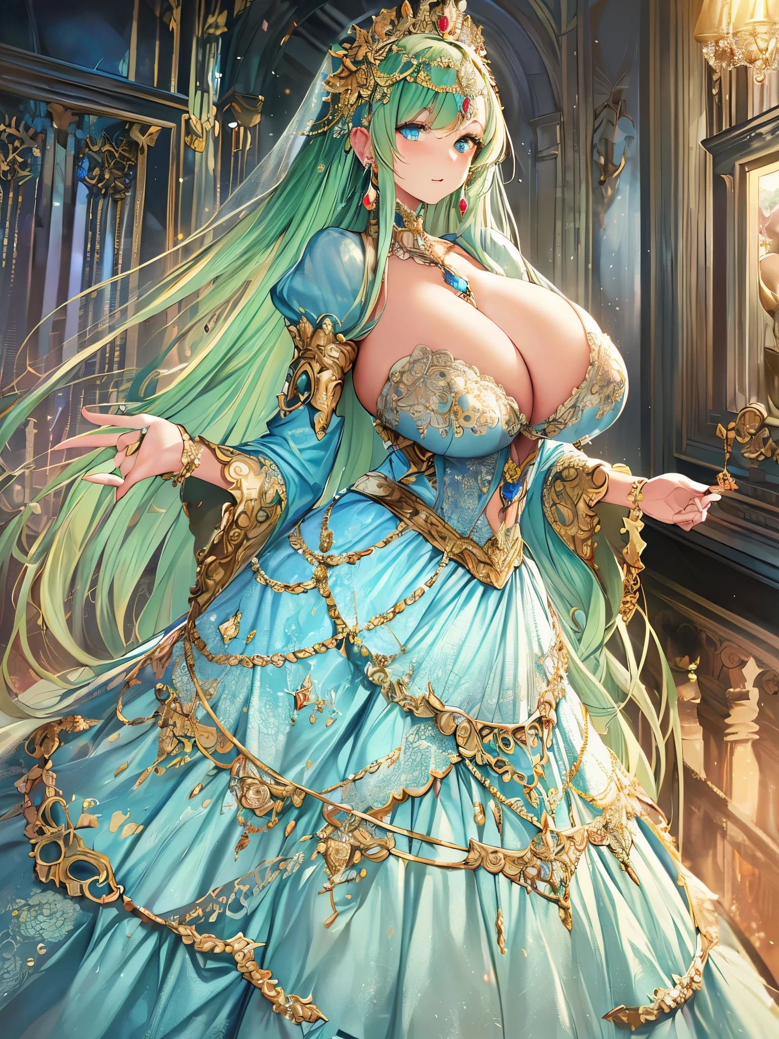 moe anime artstyle,Masterpiece,Best Quality,Super Detail,(Very Delicate and Beautiful),Solo,full body,((full body portrait)),absurdly gigantic ,(((1 bling-bling princess in beautiful embroidery and jeweled gorgeous rococo ballgown with voluminous full length hoop skirt))),(((absurdly gigantic titsurdly gigantic breast)) cleavage,curvytation,((detailed face and eyes)),jewel-like eyes,(((crinoline,long train))),beautiful embroidery and jeweled lace-trimmed rococo ballgown with voluminous full length hoop skirt,voluminous rococo ballgown with voluminous full length hoop skirt,((bling-bling voluminous rococo princess ballgown with voluminous full length hoop skirt)),((absurdly long Straight hair)),extremely gorgeous hair ornament,((extremely gorgeous big tiara)),luxurious jewelry,(((beautiful embroidery and jeweled gorgeous rococo ballgown with voluminous full length hoop skirt))),(absurdly gigantic tits,absurdly giganticast),(((outdoor,garden)king at viewer,((full body))