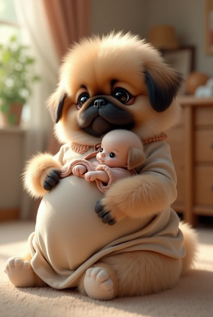 Create a video of your Pekingese wearing maternity clothes holding her little puppy wearing baby clothes like humans do, realistic, real, high definition details, full picture like real