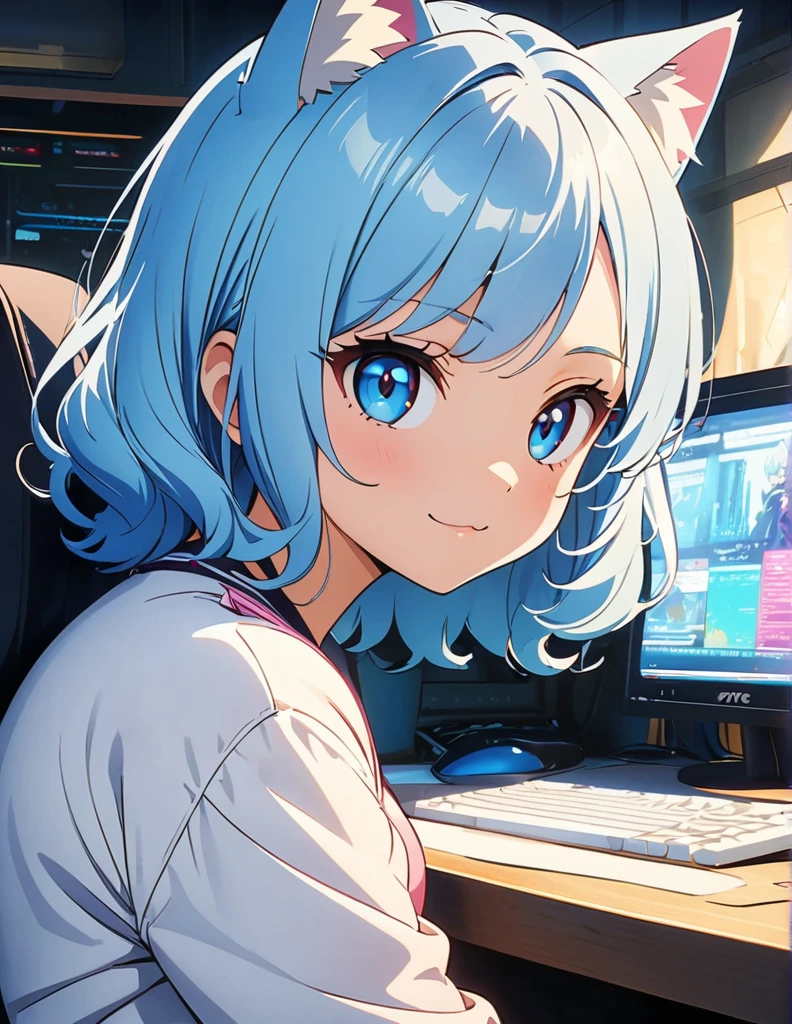 (anime artwork, anime style, studio anime, very detailed, up to date, vibrant, Anime Coloring, high contrast, masterpiece:1.2, best quality, best aesthetics),(774inc official style:1.5),(souya ichika:1.5) 1 girl,Blue hair,short frizzy hair,shaggy cut,Best quality,light smile,{{gaming pc}},{{pink gaming chair}}girly room,(cat ear:1.5), perfect anatomy,blue eyes, computer work