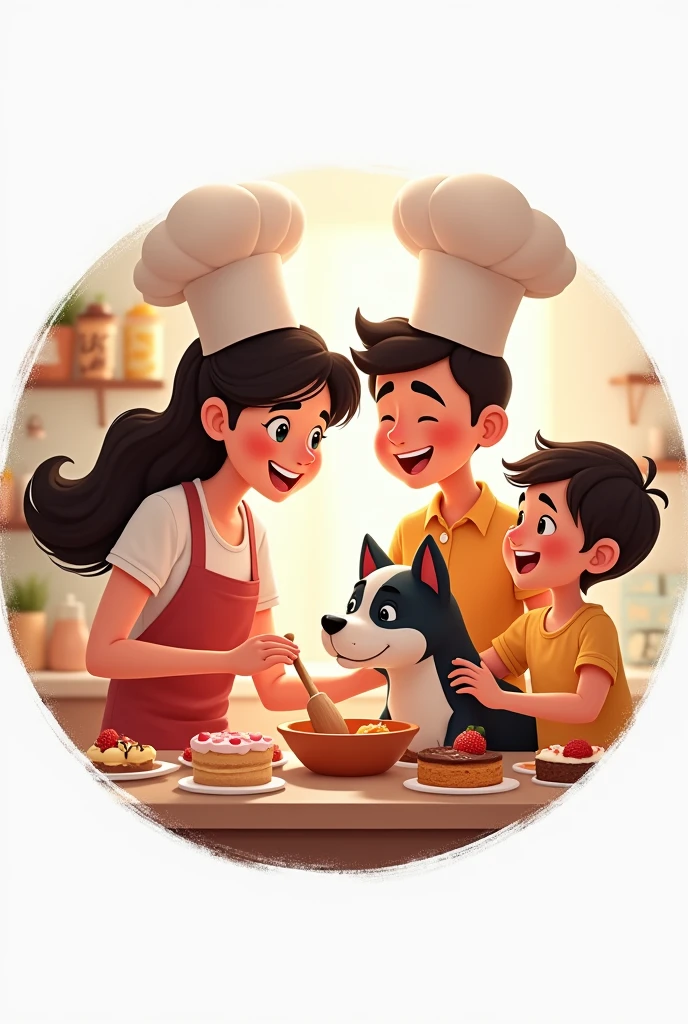 Create an animated circular Instagram logo of a family consisting of a mother with her eldest daughter and youngest son cooking together and a baby dog with a black head and white body, all wearing chef's hats and surrounded by cakes. say the phrase "Tobey's Delights"