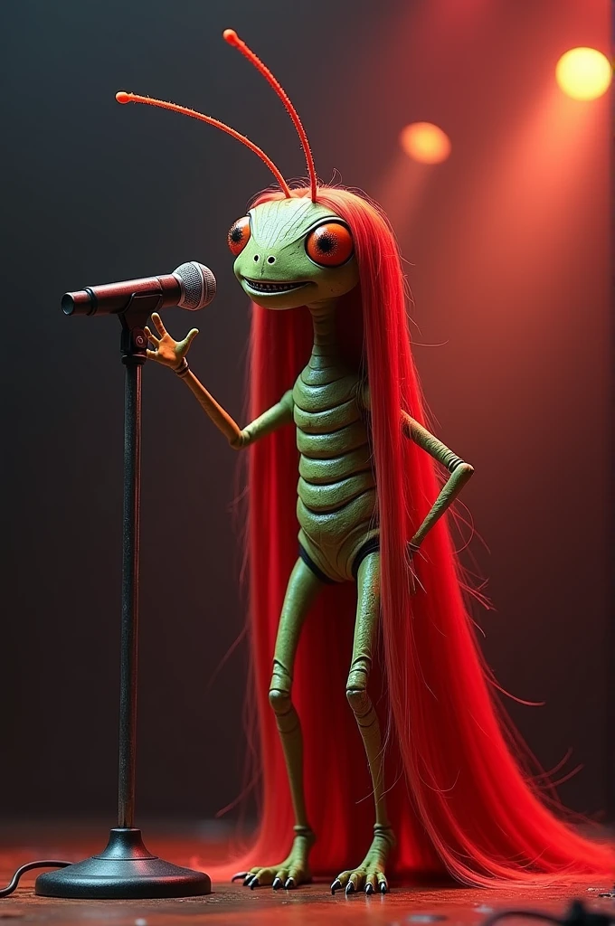((best quality)), ((masterpiece)), (detailed), perfect face Create a scene where an anthropomorphized cricket, with antennae and long legs, is standing like a human on a concert stage. He wears a long straight wig, red in color, that extends to the ground. The cricket is chirping excitedly into a microphone, with stage lights shining