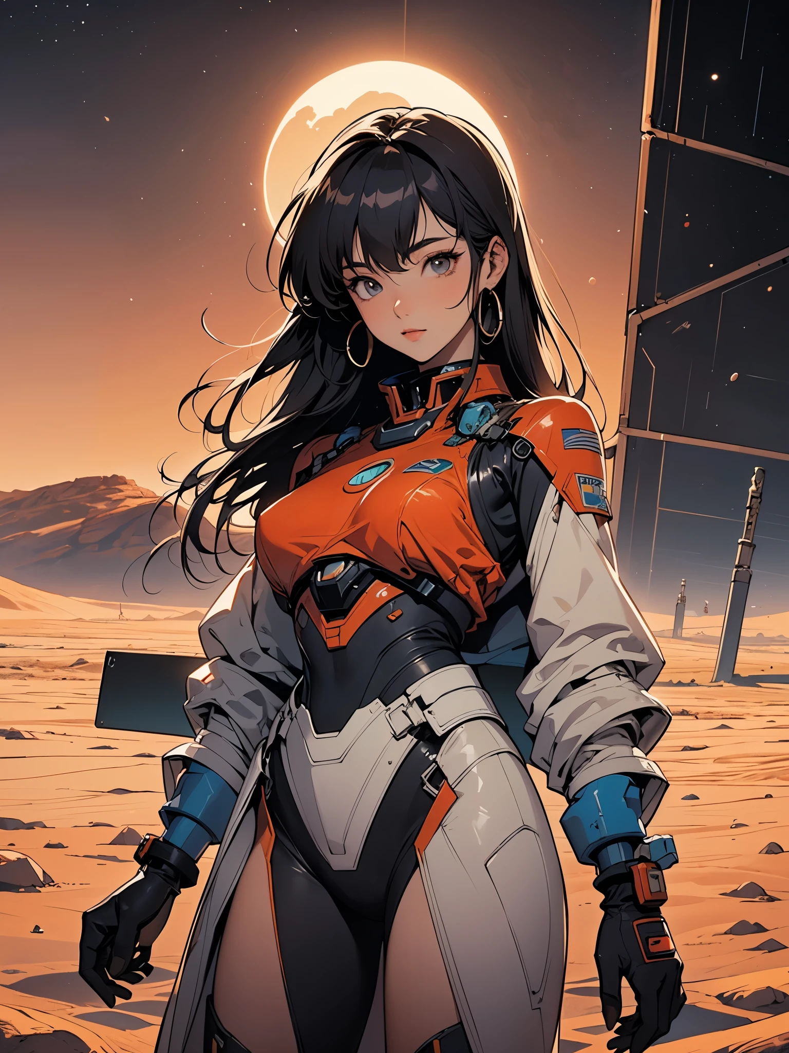 (work of art, best qualityer, ultra detali:1.3), mechgirl. The mars rover opportunity reimagined as an attractive anime woman, in mars, desert, dust. solar panels. "hybrid human-rover" mechgirl