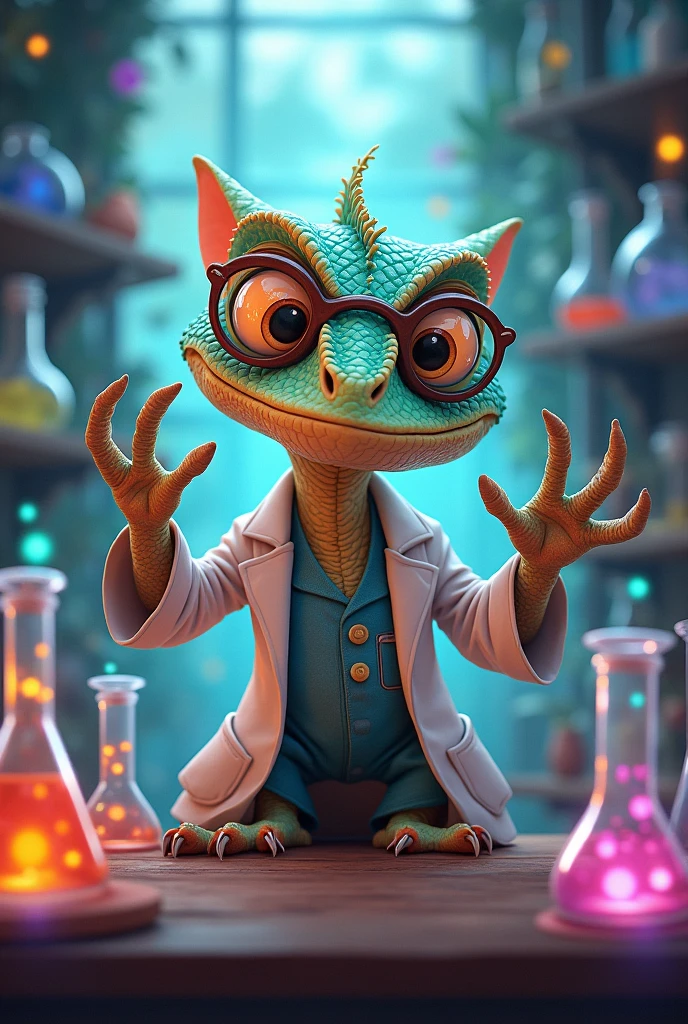 chameleon with glasses and animated lab coat