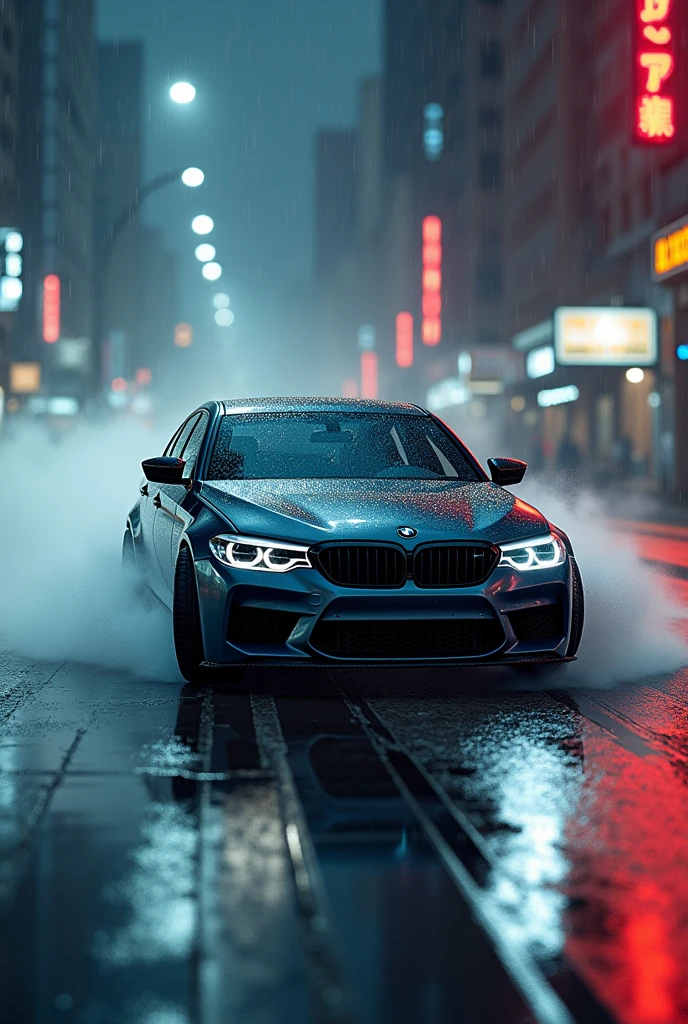 BMW M5 drifting in rain