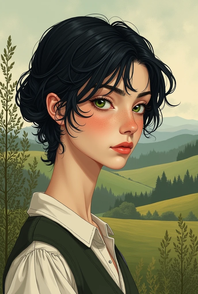 Generate images of an effeminate man with black hair, green eyes and freckles, at the time of Anne with an E with drawing style 