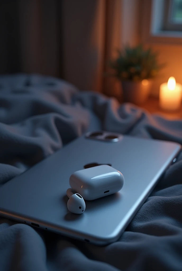Create an image for my Facebook cover that has my white airpods headphones, mi iPad color plata Apple (as if we were listening to music) in a dimly lit place 
