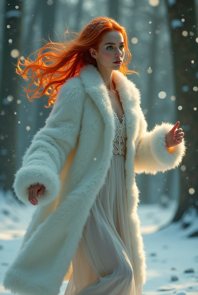 woman, realistic, red hair, green eyes, amber heard, pixie, White fur coat, snowing, cold, woodland, dancing in snow, happy, evening, dull light