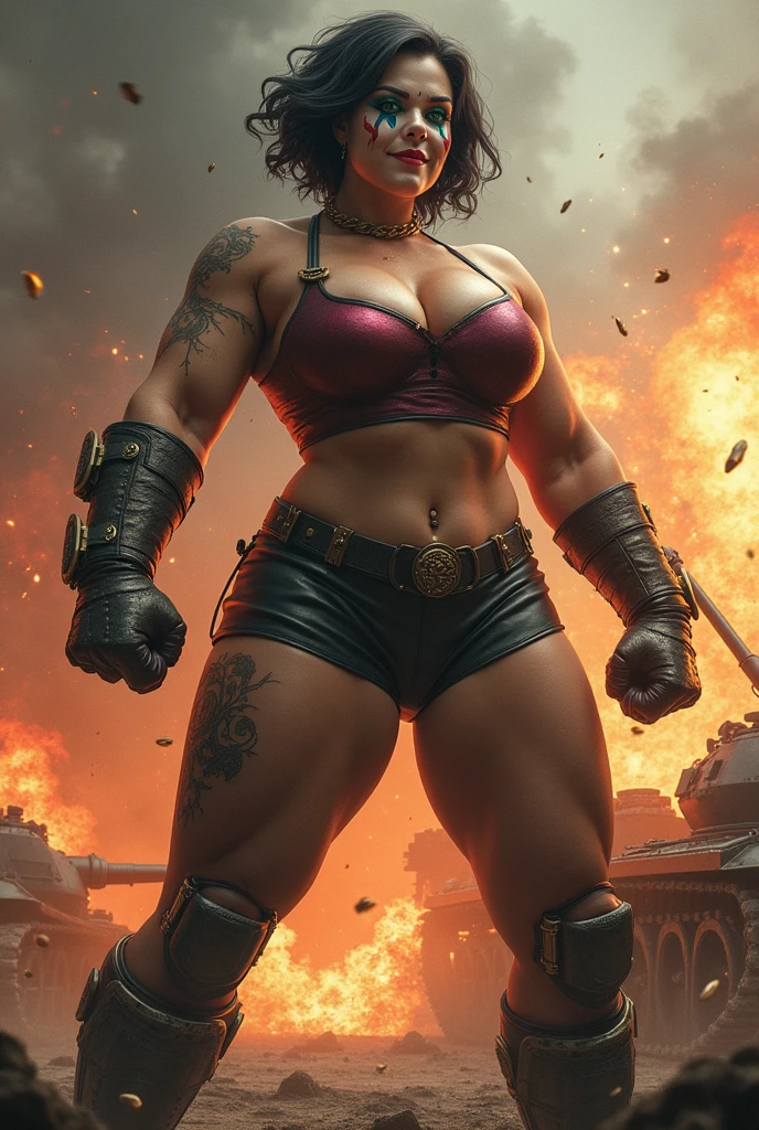 Beautiful girl short black hair green eyes smiling painted like a clown short hair blue eyes BBW big ass big breasts boots muscled naked destroys and splits a tank in two with super strength while the projectiles and bombs and bullets fired at her bounce off her without any effect her entire body is hit with flashes of light and smoke from bullets and explosions