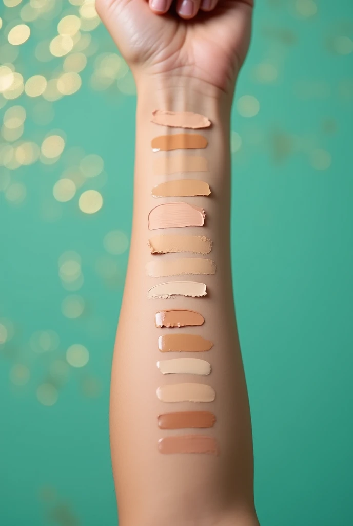 test concealer makeup with 16 different shades on your arm, with aqua green and gold background