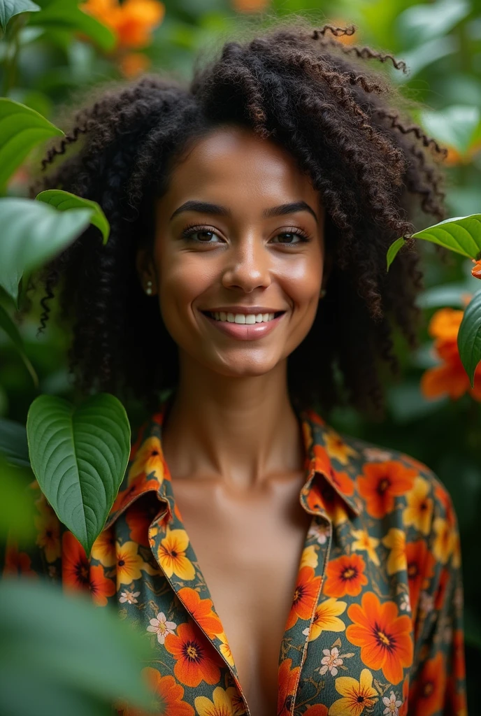 A Brazilian woman in a lush tropical garden, wearing an open shirt with a floral print, with a close-up capturing the harmonious beauty between her breasts and the natural flowers, showing off your natural charm and outgoing personality.