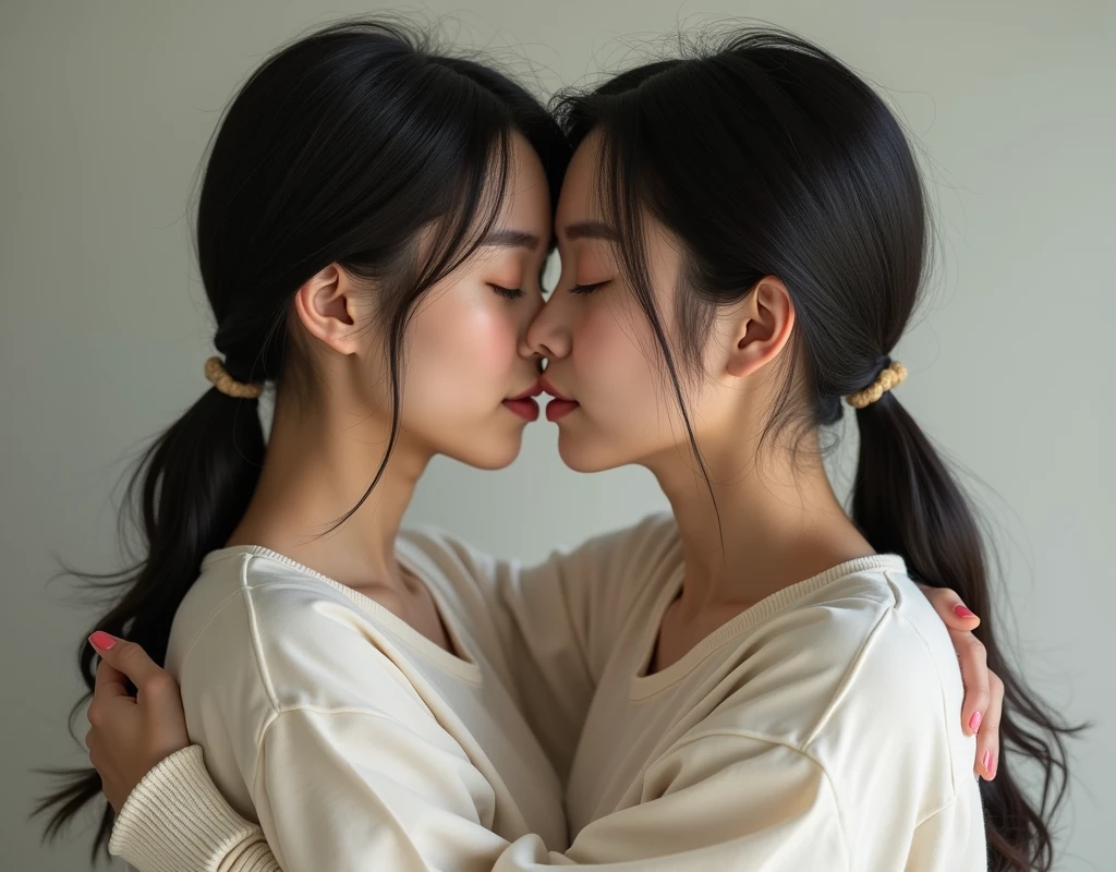 Identical twin sisters hugging、Realistic Photo, two japanese women
