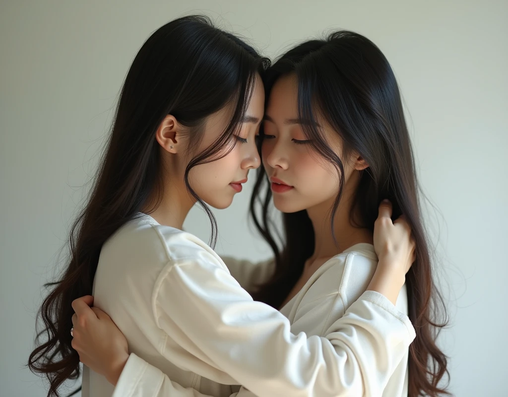Identical twin sisters hugging、Realistic Photo, two japanese women