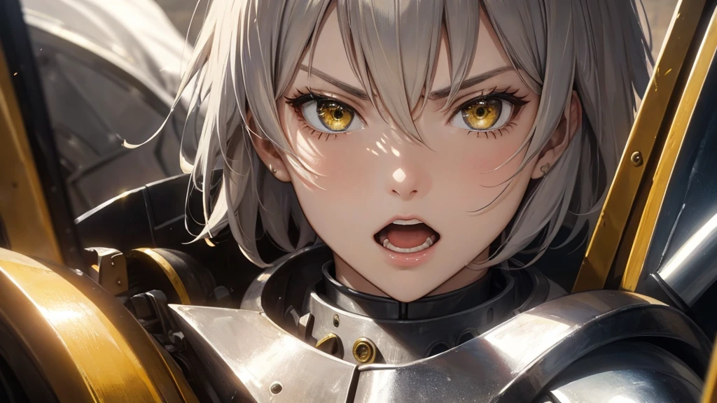 oil painting look, Jeanne d'Arc, yellow short hair, silver armour, face closeup, shout aloud with open mouth, angry, outside