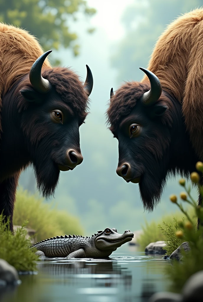 Two Buffaloes in 3D drawing, looking at the alligator