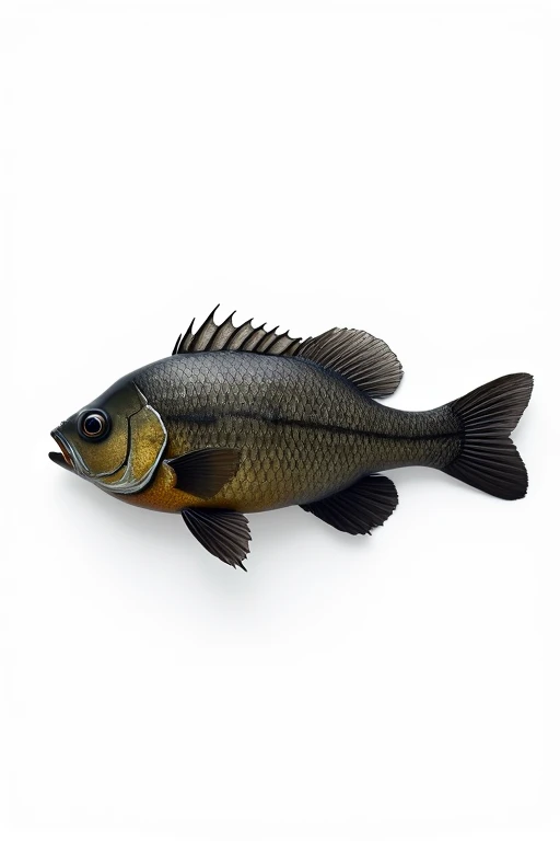 A dark gray-brown bluegill lying sideways with 7 to 10 dark horizontal stripes on its side, as seen in the photo.、Background is white