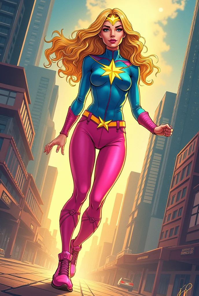 create a comic book superheroine, nome star-girl, with pink pants, pink sneakers, blusa azul, yellow hair tiara, hair blonde