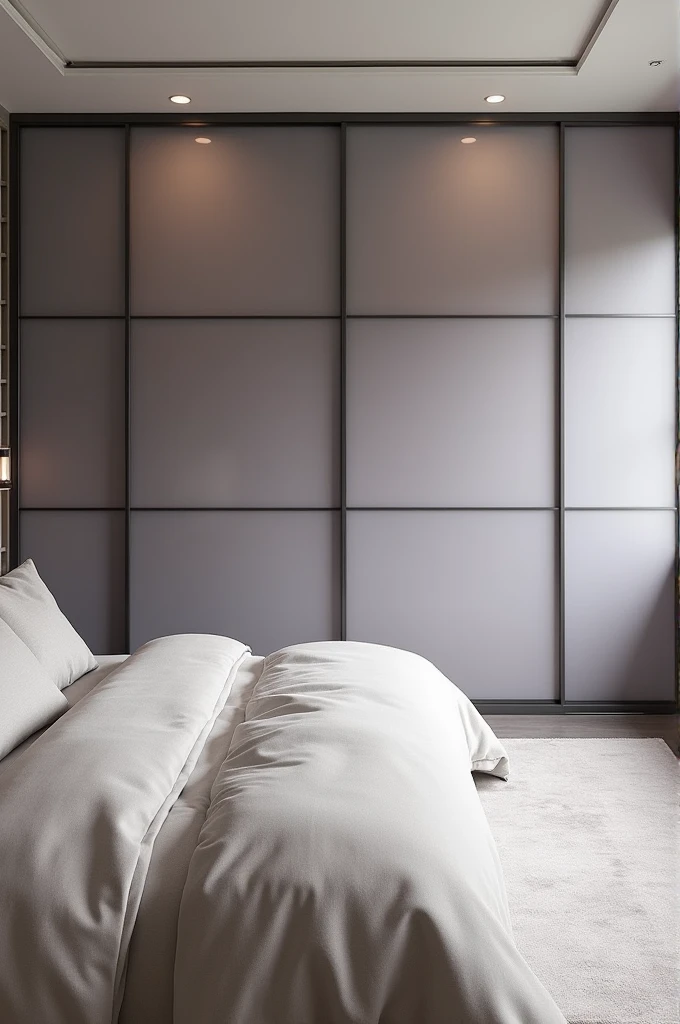 The master bedroom described features a sophisticated and welcoming design in neutral shades of gray and in the background, a closet closed from ceiling to floor by a structure in frosted glass in lavender tones, with a sliding door for access.