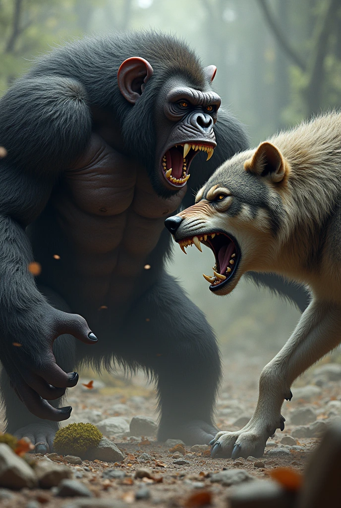 create a realistic image of a hairy, muscular chimpanzee attacking an aggressive gray wolf