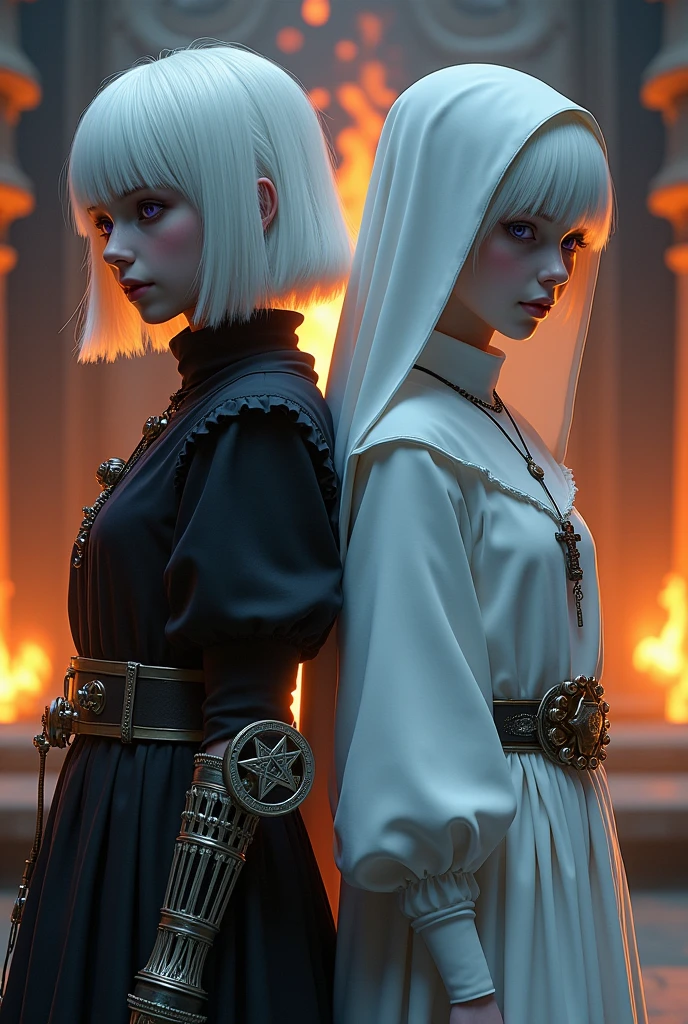 Two albino girls from the Middle Ages, back to back, white haired, light violet eyes, 
the girl on the left wearing dark alchemist clothes, shorth hair, wearing steampunk prosthetic arm with raised pentagram, the girl in white nun clothes, with cross necklace, in front of the execution of a bonfire, the night