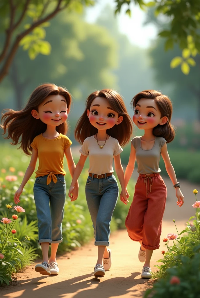 three white women with brown hair, adults together pixar style in a park



