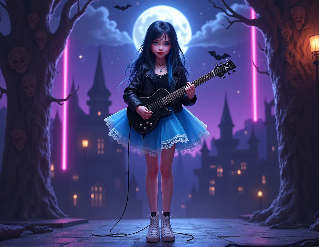 A teenager, wearing a short, voluminous blue tutu with delicate white lace, white Converse with silver stars, and a black triangular electric guitar, stands on a dark stage lit by purple neon lights and adorned with gothic graffiti of skulls and bats. She has striking blue eyes with black eyeliner, intense red lips, long black hair with an asymmetrical fringe and a bright blue streak, and a black leather jacket. She is playing her guitar and counting, with a focused expression. The background is a gothic city at night with pointed buildings and a sky full of stars and a full moon, rendered in a dramatic Disney Pixar style.